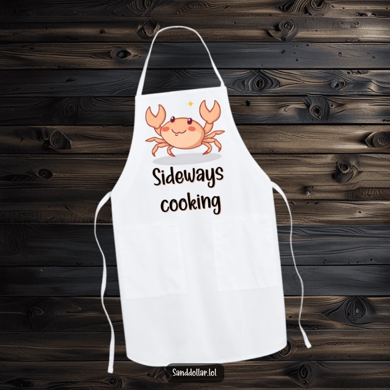 Funny Apron featuring a small crab character scuttling sideways with a playful sparkle, ideal for keeping clothes clean with a humorous touch.