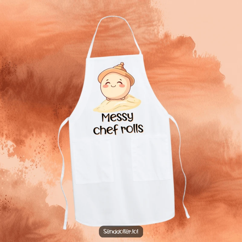 Funny apron with a giggling sand dollar character in a shell hat, rolling down a dune, ideal for an adventurous cook and a unique funny gift.