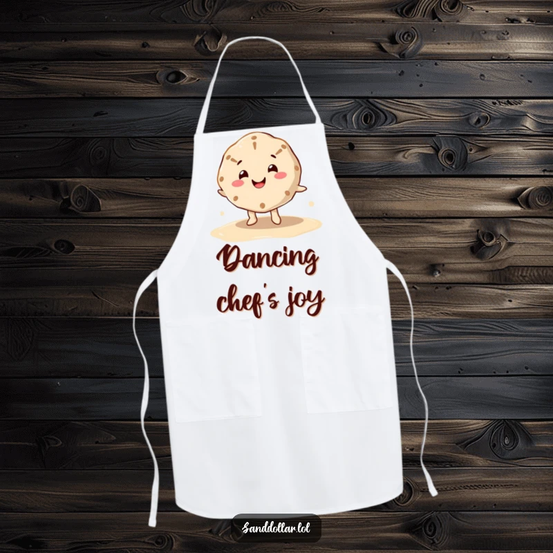 Funny apron with a happy sand dollar character, cheerful mouth, dancing on wet sand, ideal for a joyful cook and a unique funny gift.