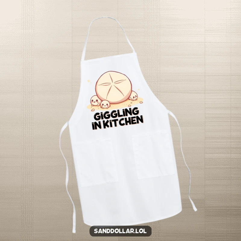 Funny Apron featuring tiny shells giggling as a sand dollar rolls past, designed for kitchen fun with a touch of seaside humor.