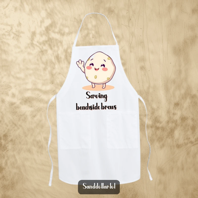 Funny Sand Dollar Apron showing a smiling sand dollar with legs waving, adding seaside humor to kitchen activities.