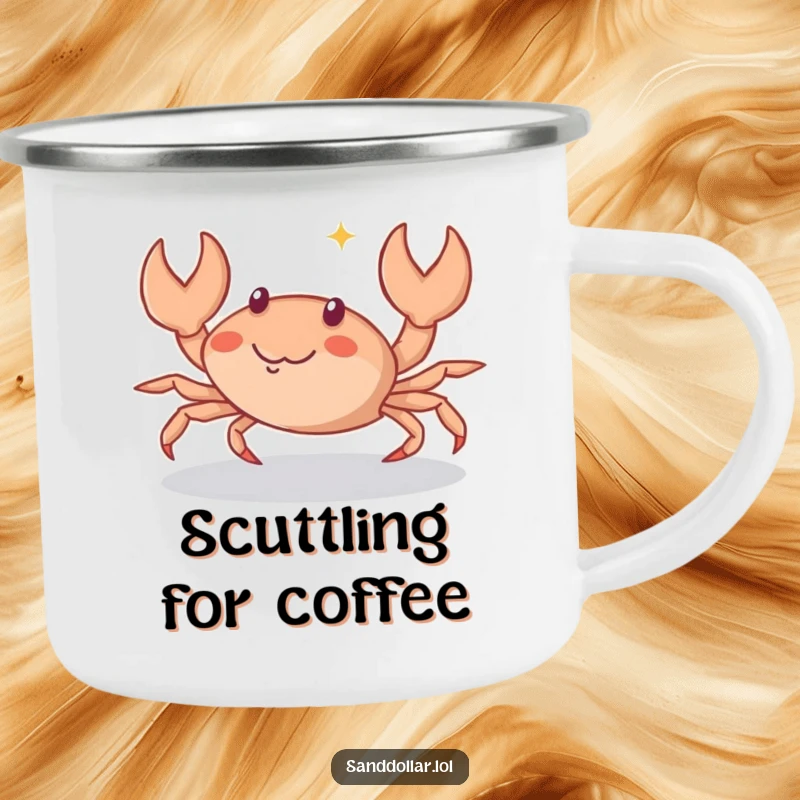 Funny Camping Mug featuring a small crab character scuttling sideways with a playful sparkle, perfect for enjoying drinks with a touch of humor.
