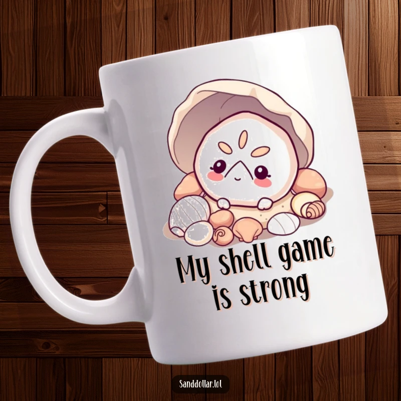 Funny sand dollar mug, a curious sand dollar peeking from shells, evoking wonder and beach discovery.