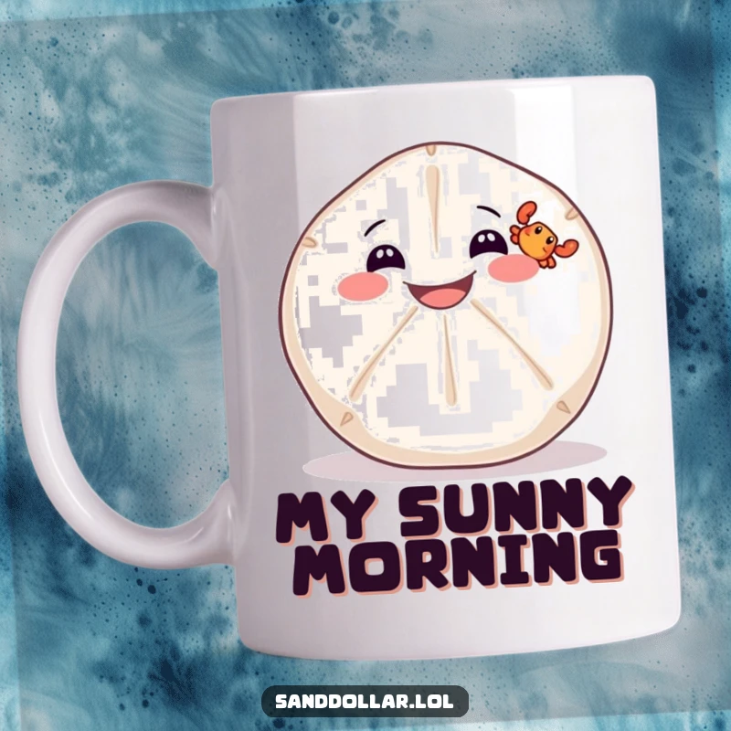 Funny ceramic mug featuring a wide-grinning sand dollar balancing a tiny, cheerful crab on its back, embodying beach fun.