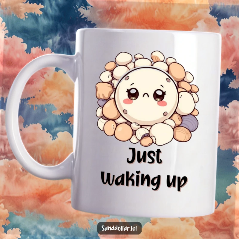 Funny mug featuring a small, round sand dollar character with big, curious eyes peeking from a pile of shells, embodying playful discovery.