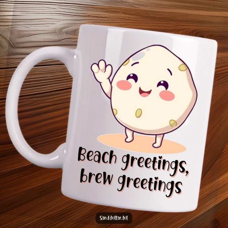 Funny Sand Dollar Mug with legs waving hello cheerfully, embodying beach vibes and seaside happiness for a quirky gift.