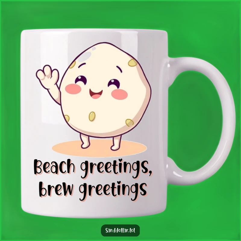 Funny Sand Dollar Waving Mug: Adorable Beach Character, Perfect Humorous Gift!
