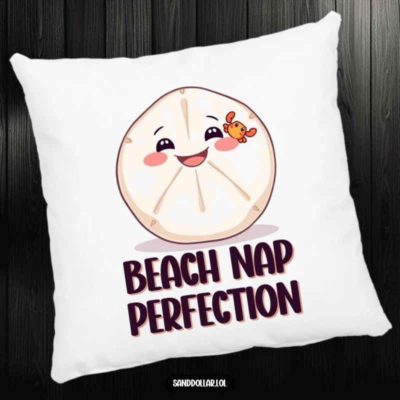 Funny pillow featuring a wide-grinning sand dollar balancing a tiny crab, soft and decorative for sofas and beds.