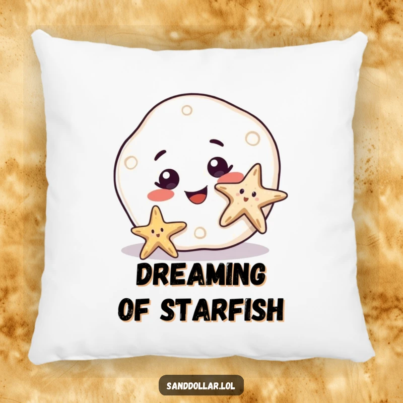 Funny Pillow featuring a sand dollar with a big, curious smile observing a starfish, offering plush comfort and a touch of gentle ocean humor.