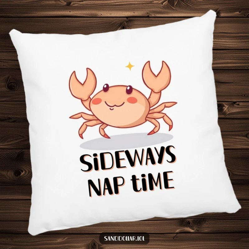 Funny Pillow featuring a small crab character scuttling sideways with a playful sparkle, offering plush comfort and a touch of seaside humor.