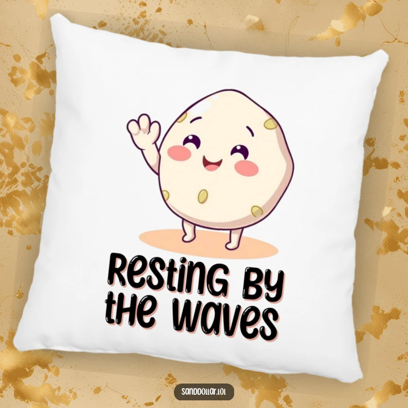 Funny Sand Dollar Pillow depicting a cute sand dollar with legs waving, offering cozy comfort and beachy humor.