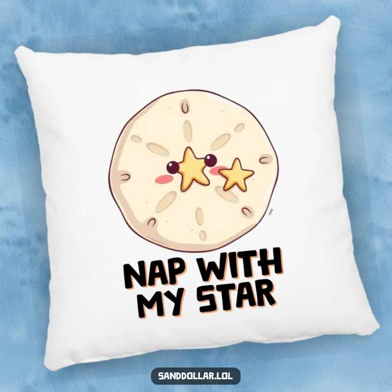 Funny sand dollar pillow, soft and decorative, featuring a smiling sand dollar waving a tiny starfish, adding beachy charm.