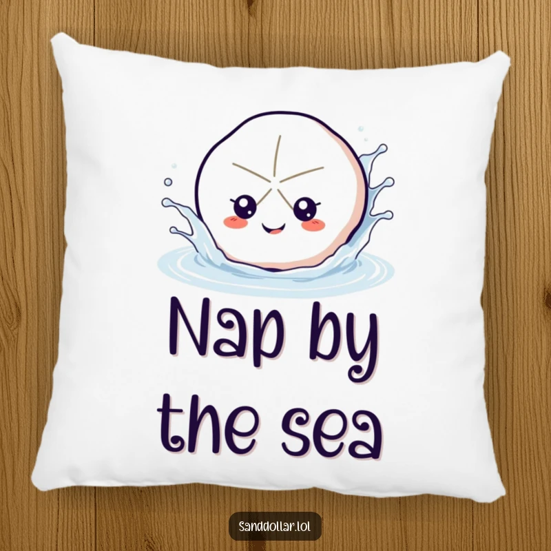 Funny sand dollar pillow, soft and decorative, showing a happy sand dollar splashing water, adding beachy charm and humor.