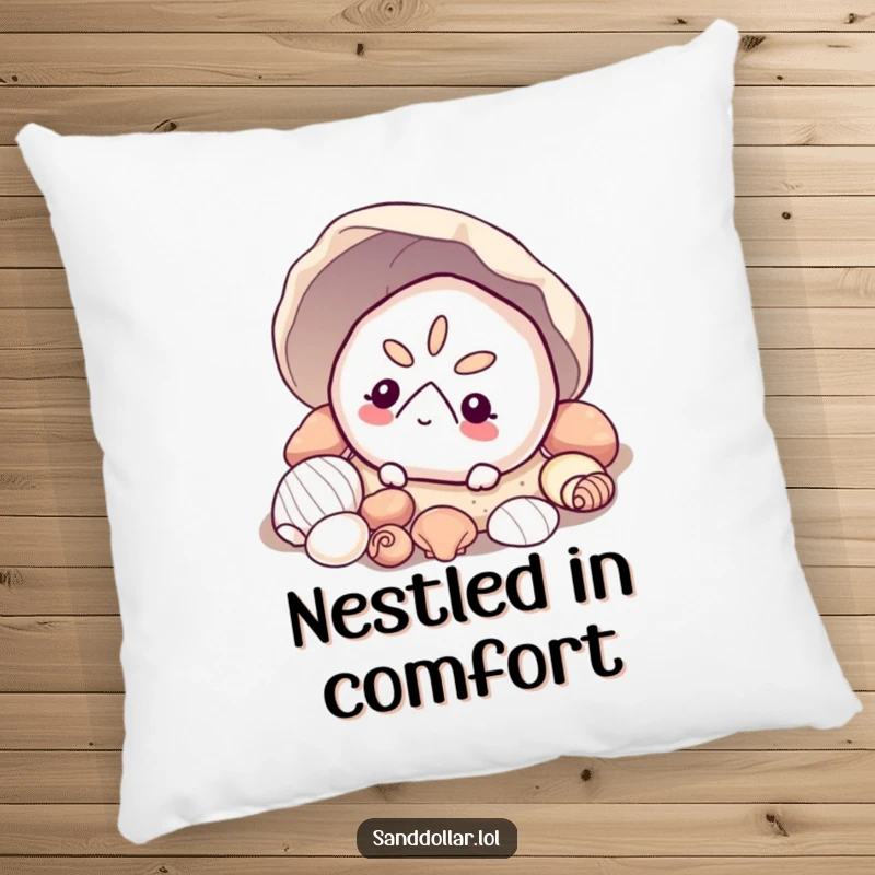 Funny sand dollar pillow, soft and decorative, featuring a curious sand dollar peeking from shells, adding beachy charm.
