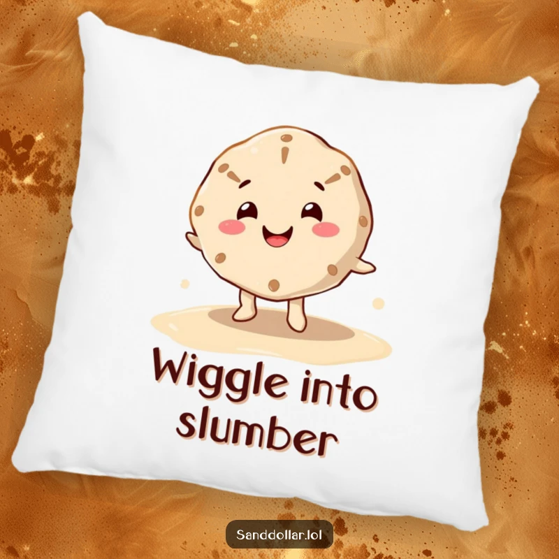 Funny pillow featuring a happy sand dollar character, cheerful mouth, dancing on wet sand, offering comfort and beachy humor.