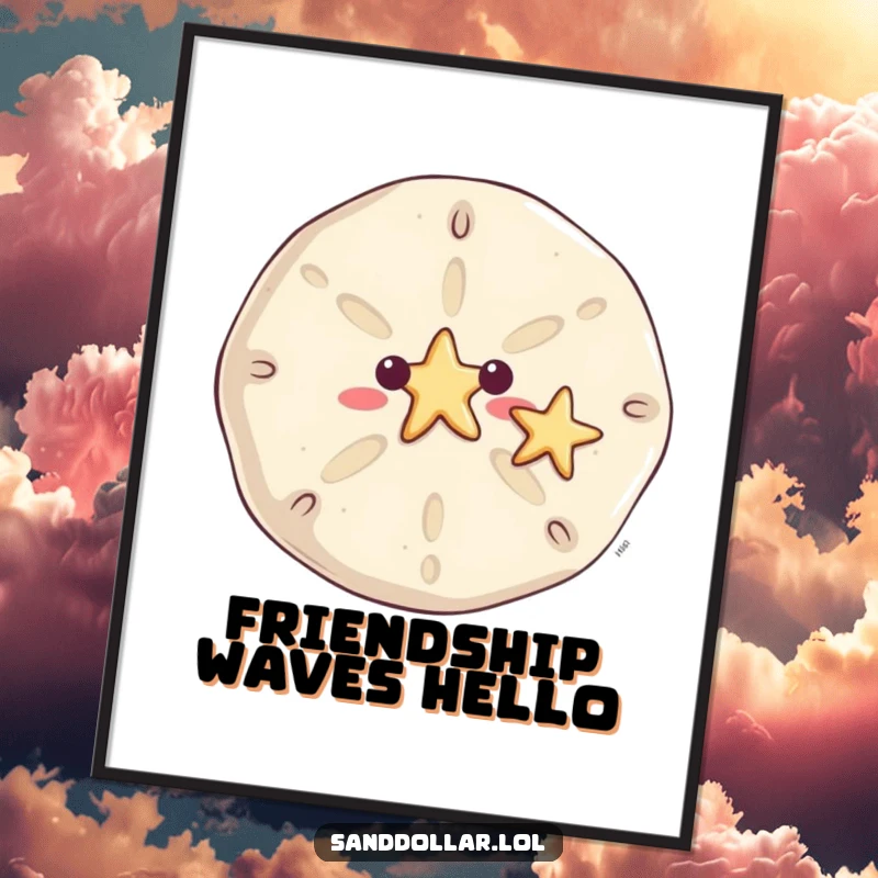 Funny sand dollar digital art print, showing a smiling sand dollar waving a tiny starfish, creating an instant friendly beach vibe.