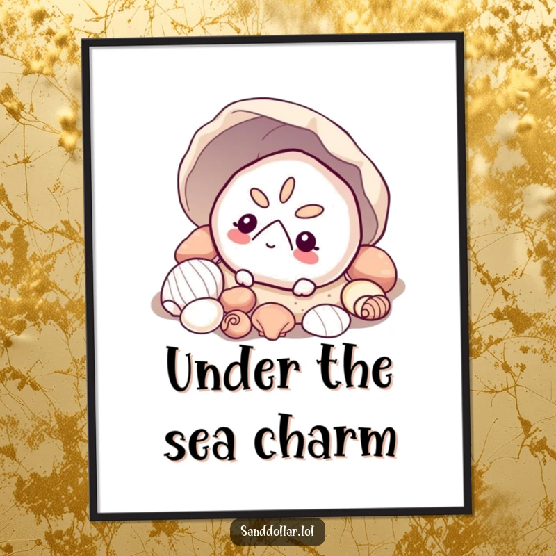 Funny sand dollar digital art print, showing a curious sand dollar peeking from delicate shells, offering serene beach vibes.