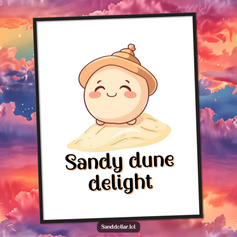 Funny digital art print of a giggling sand dollar character in a shell hat, rolling down a sandy dune, embodying playful humor.