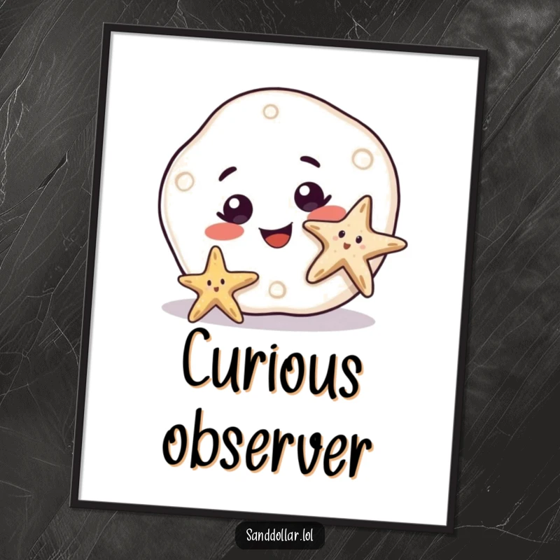 Funny Digital Art of a sand dollar with a big, curious smile watching a starfish wiggle, creating a whimsical and humorous ocean-themed artwork.