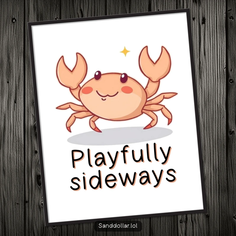 Funny Digital Art of a small crab character scuttling sideways with a playful sparkle in its eyes, adding whimsical humor and coastal charm.