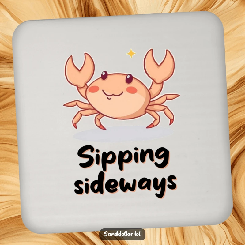 Funny Drink Coaster featuring a small crab character scuttling sideways with a playful sparkle, protecting surfaces with seaside humor.