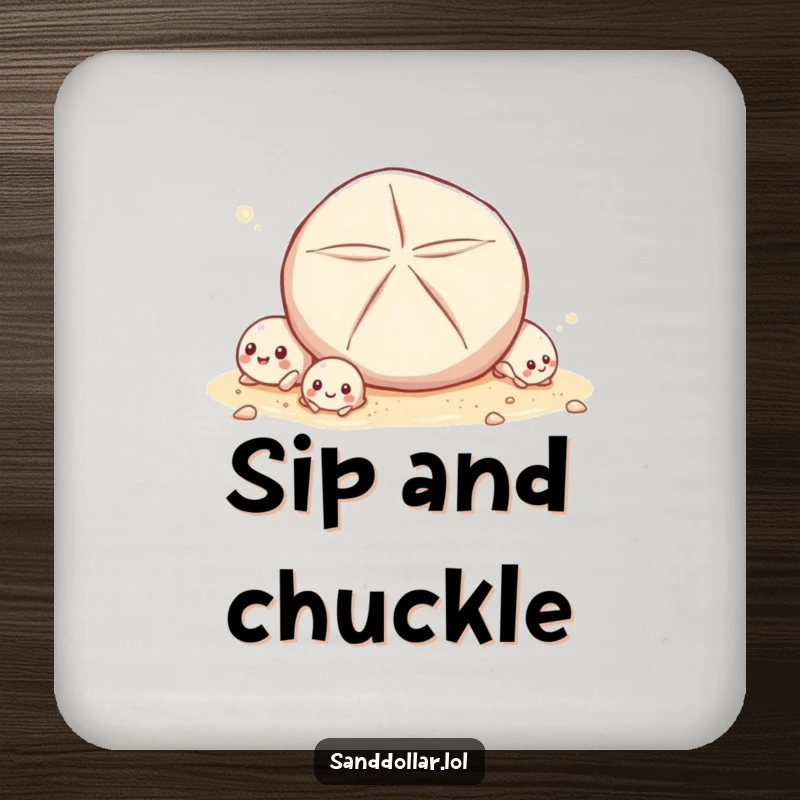 Funny Drink Coaster featuring tiny shells giggling as a sand dollar rolls past, protecting surfaces with seaside humor.