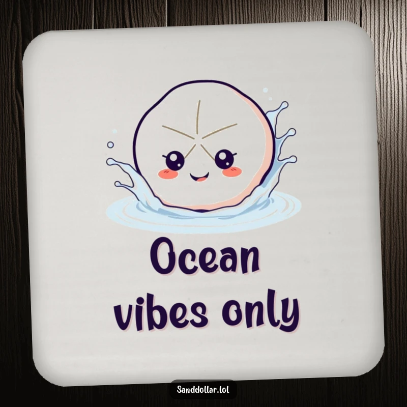 Funny sand dollar drink coasters, protecting surfaces with beachy flair, a happy sand dollar splashing water, adding humor.