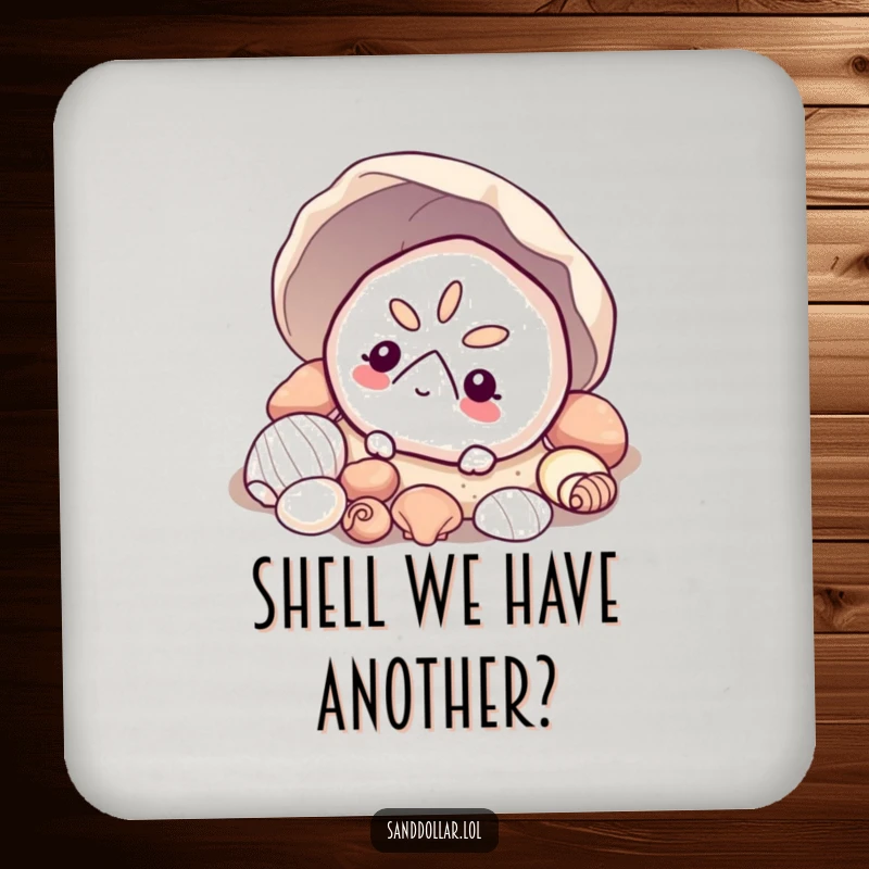 Funny sand dollar drink coasters, protecting surfaces with beachy charm, a curious sand dollar peeking from shells.
