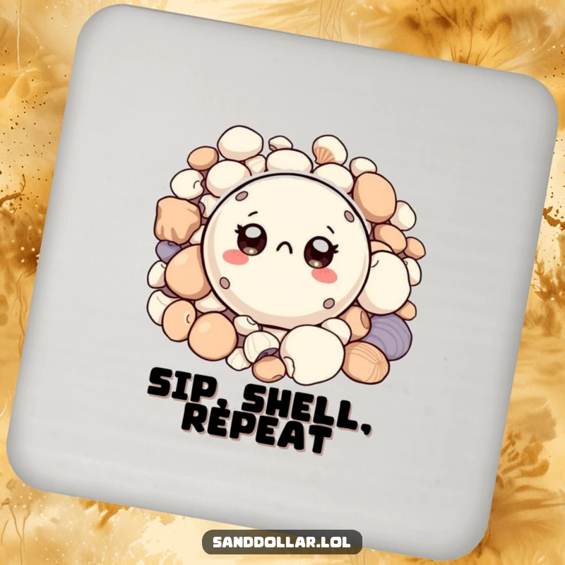 Funny drink coaster with a small, round sand dollar character, big curious eyes peeking from shells, protecting surfaces with coastal humor.