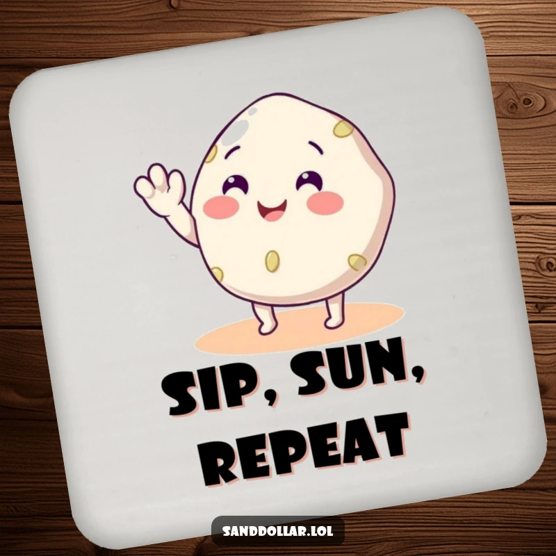 Funny Sand Dollar Coaster set featuring smiling sand dollar characters waving, offering protection with seaside humor.