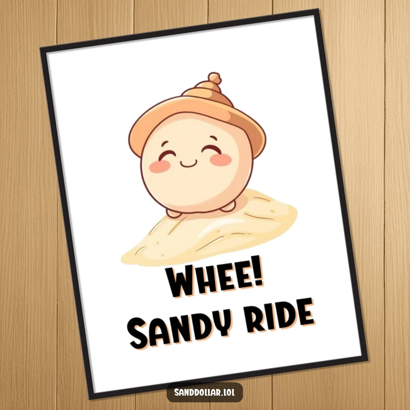 Funny poster of a giggling sand dollar character in a shell hat, rolling down a sandy dune, bringing playful humor to any space.