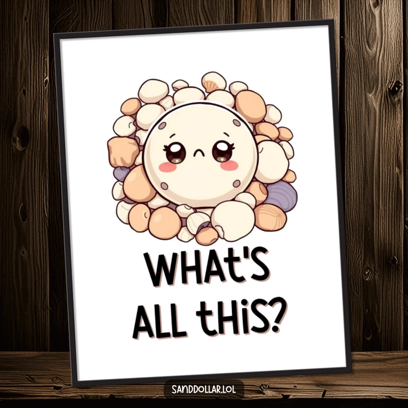 Funny poster of a small, round sand dollar character with big, curious eyes peeking from shells, bringing coastal humor to any space.