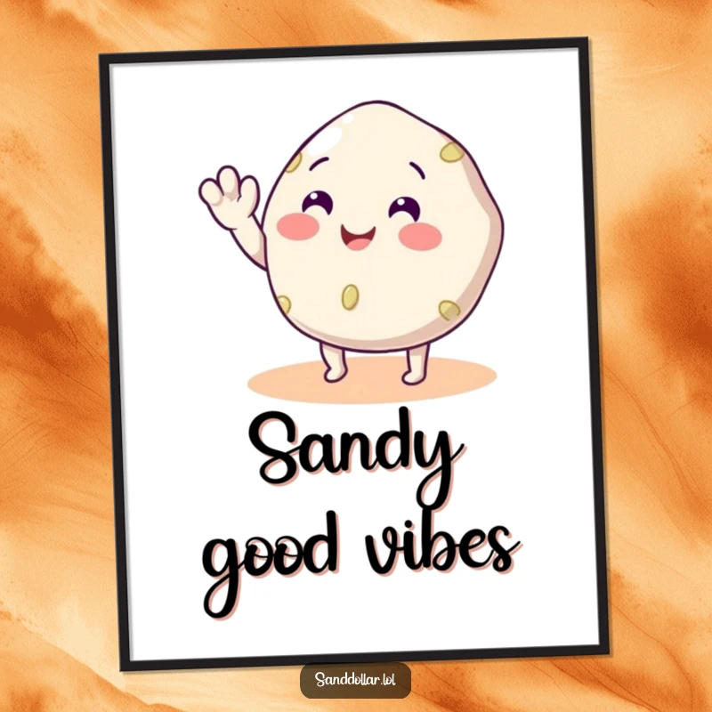 Funny Sand Dollar Poster featuring a smiling sand dollar with legs waving hello, bringing beachy charm and humor to wall art.