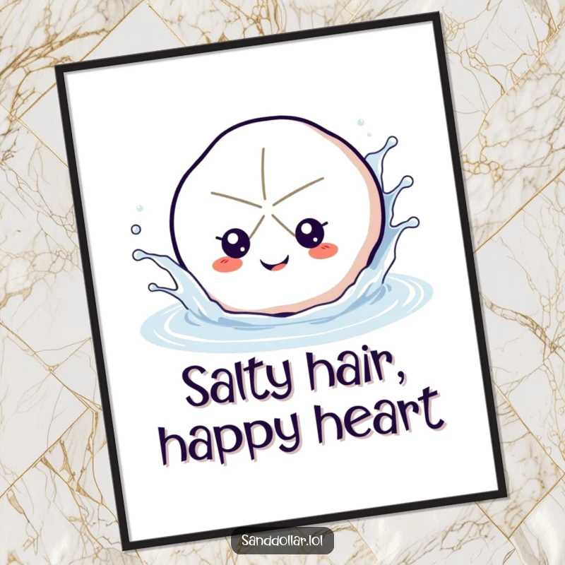 Funny sand dollar poster, vibrant beach art, a happy sand dollar energetically splashing water, bringing coastal fun indoors.