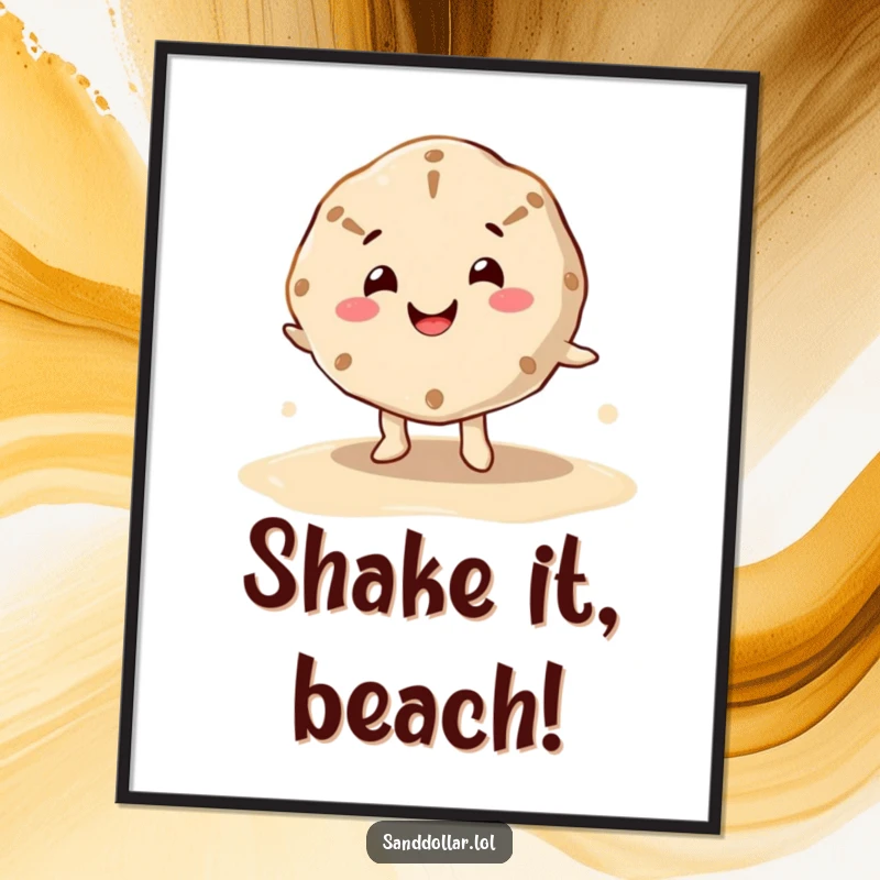 Funny poster of a happy sand dollar character with a cheerful mouth, dancing on wet sand, bringing beachy humor and joy.