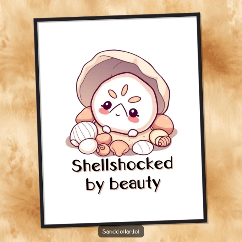 Funny sand dollar poster, delicate beach art, a curious sand dollar peeking from shells, adding a sense of wonder.
