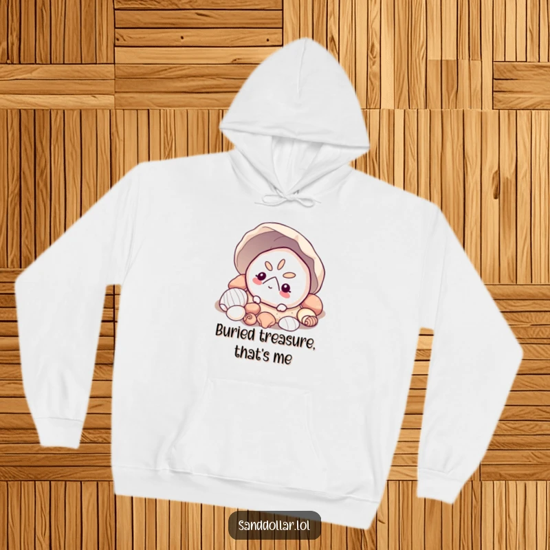 Funny sand dollar hoodie, cozy and warm, featuring a curious sand dollar peeking from shells, perfect for beach lovers.