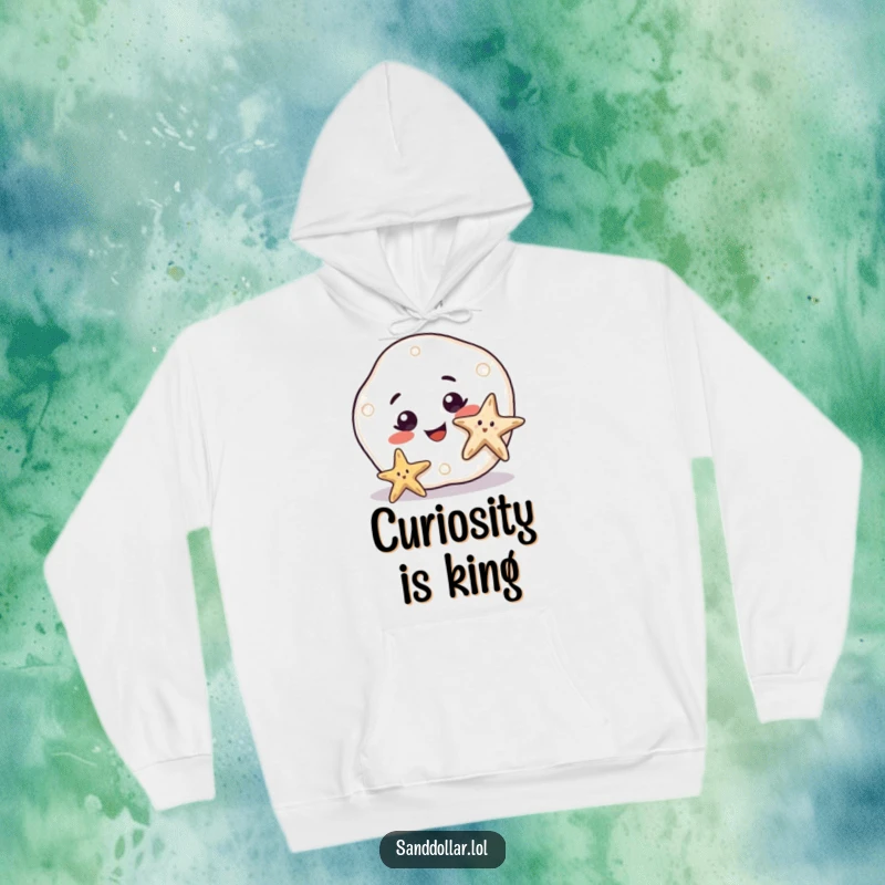 Funny Hoodie featuring a sand dollar with a big, curious smile intently watching a starfish wiggle, offering warmth and whimsical humor.