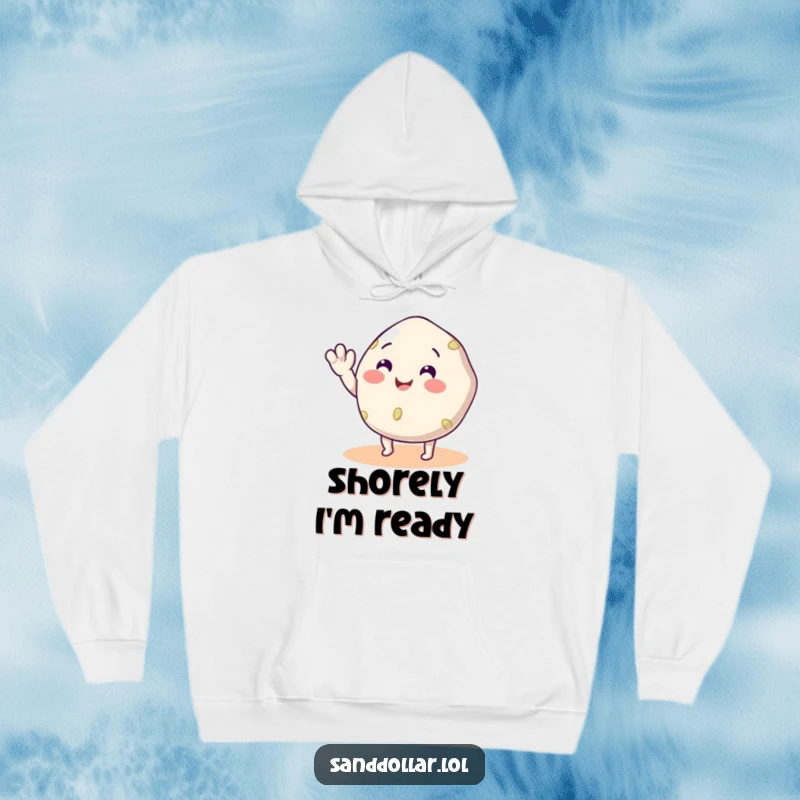 Funny Sand Dollar Hoodie depicting a smiling sand dollar character with legs waving a friendly greeting, ideal for cozy humor.