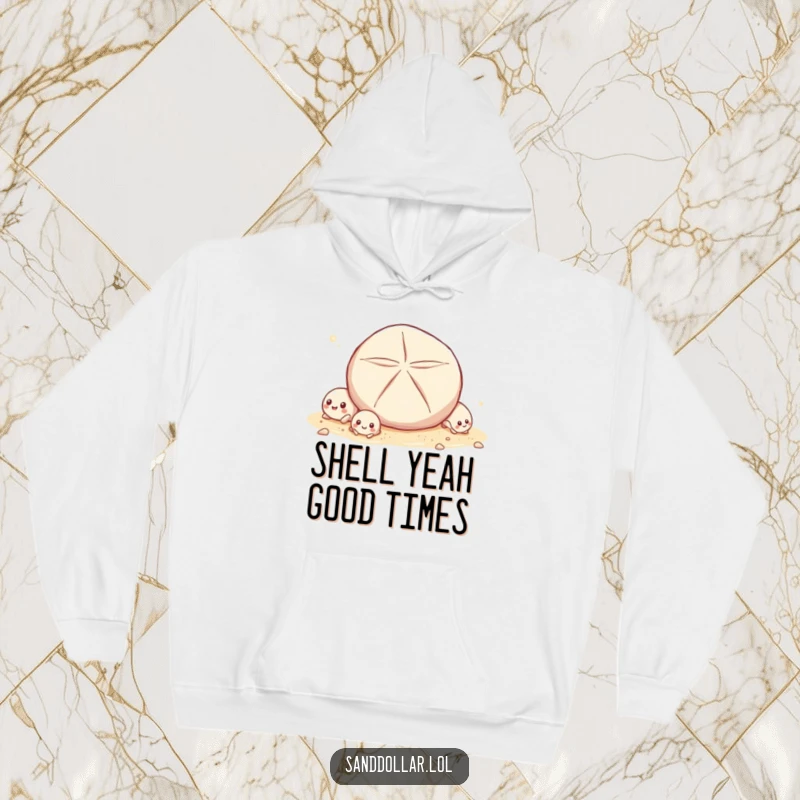 Funny Hoodie featuring tiny shells giggling as a sand dollar rolls by, offering warmth and a humorous depiction of seaside camaraderie.