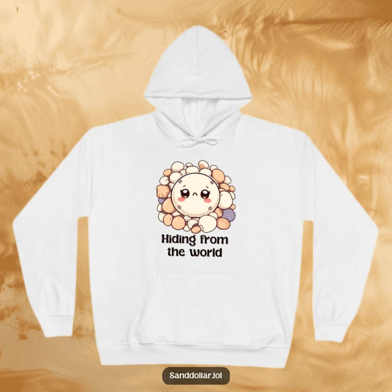 Funny hoodie featuring a small, round sand dollar character with big, curious eyes peeking from shells, offering warmth and coastal humor.