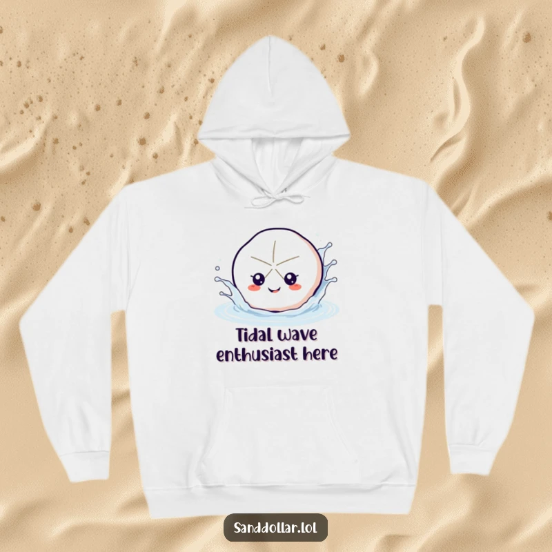 Funny sand dollar hoodie, cozy and warm, with a happy sand dollar splashing water, perfect for beach lovers.