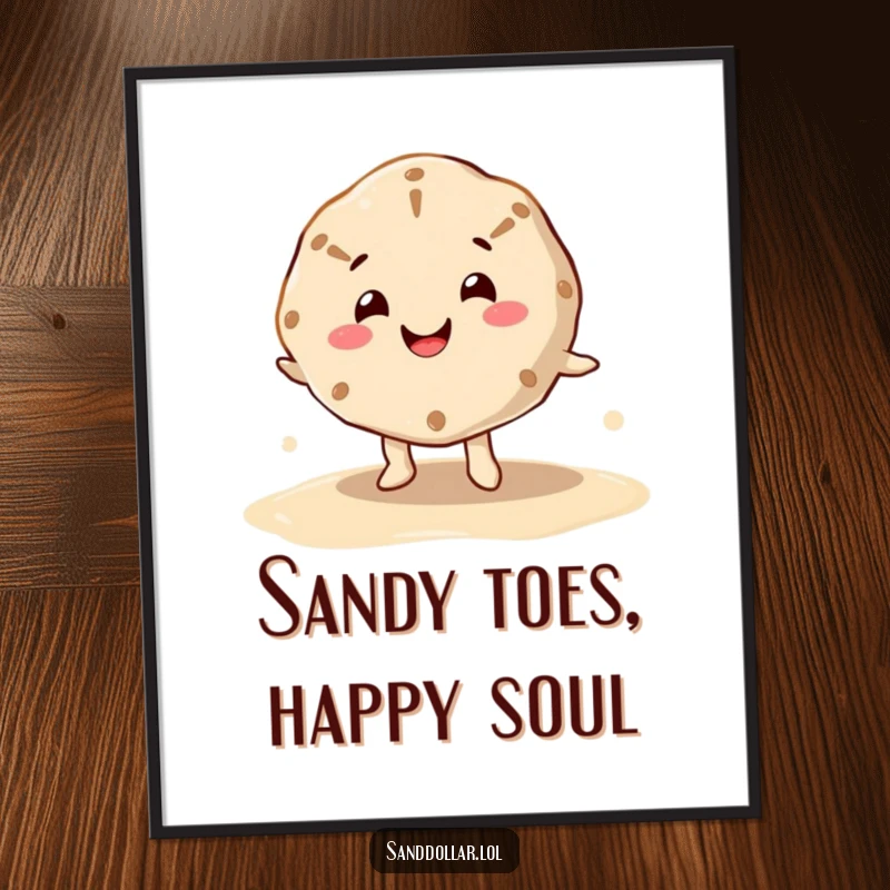 Funny Free Printable Sand Dollar Wall Art: A happy sand dollar with a cheerful mouth does a little wiggle dance on wet sand.