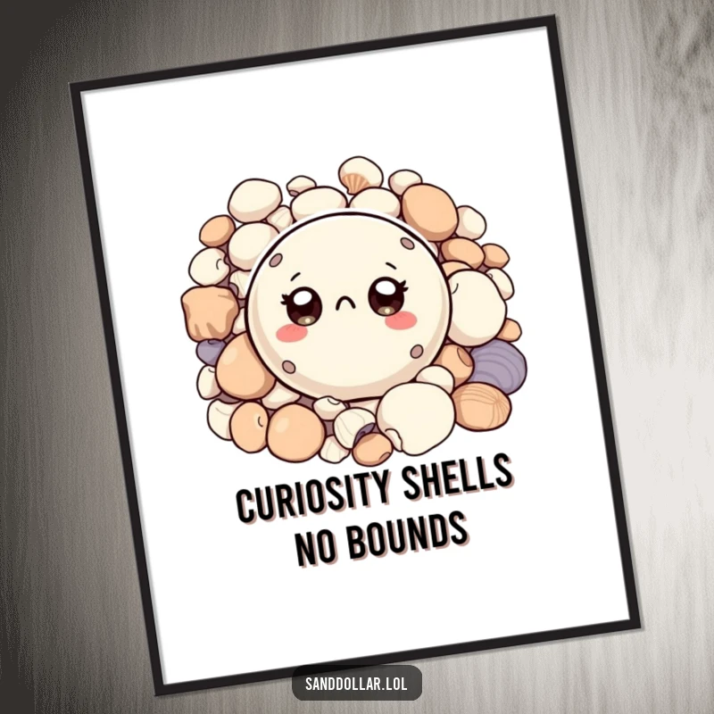 Funny Free Printable Sand Dollar Wall Art: A small sand dollar with big curious eyes peeks sweetly from a pile of shells.