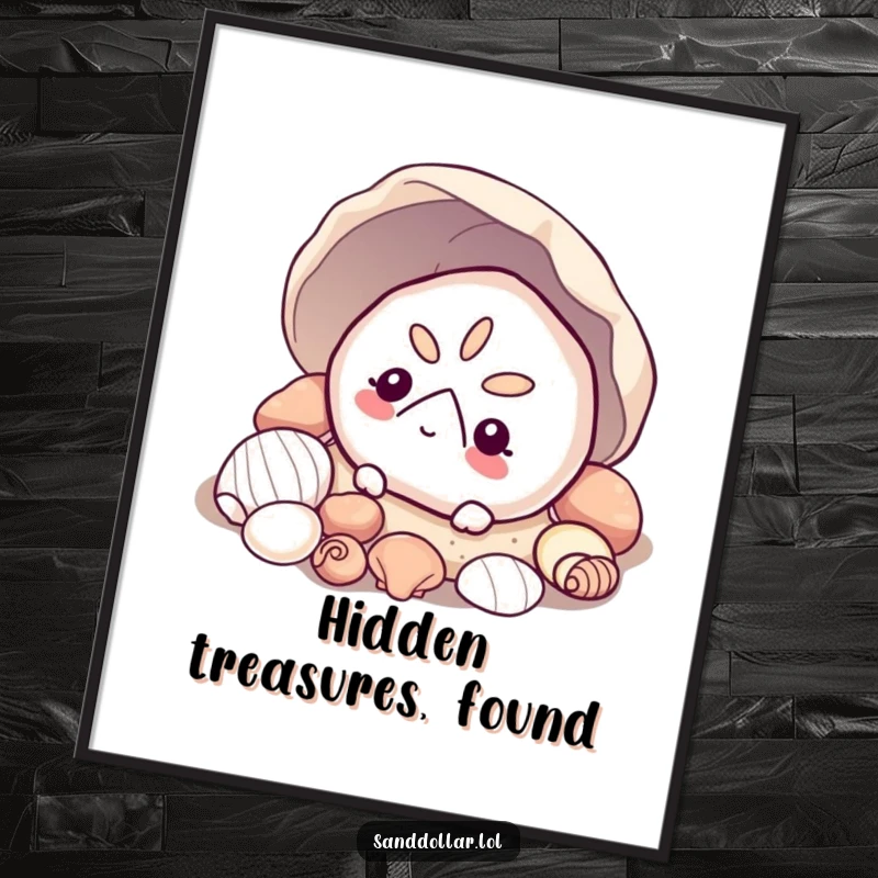 Funny Free Printable Wall Art: Sand dollar peeking from shells, a cute and humorous downloadable piece for coastal decor.