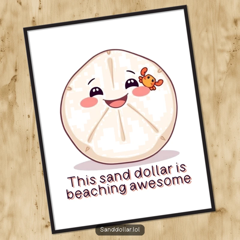 Funny Free Printable Wall Art: Sand dollar with a wide grin balancing a tiny crab, a downloadable, cheerful ocean scene.