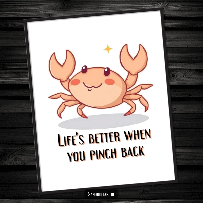 Funny Free Printable Wall Art depicting a small crab scuttling sideways with a bright, playful sparkle in its eyes, full of personality.