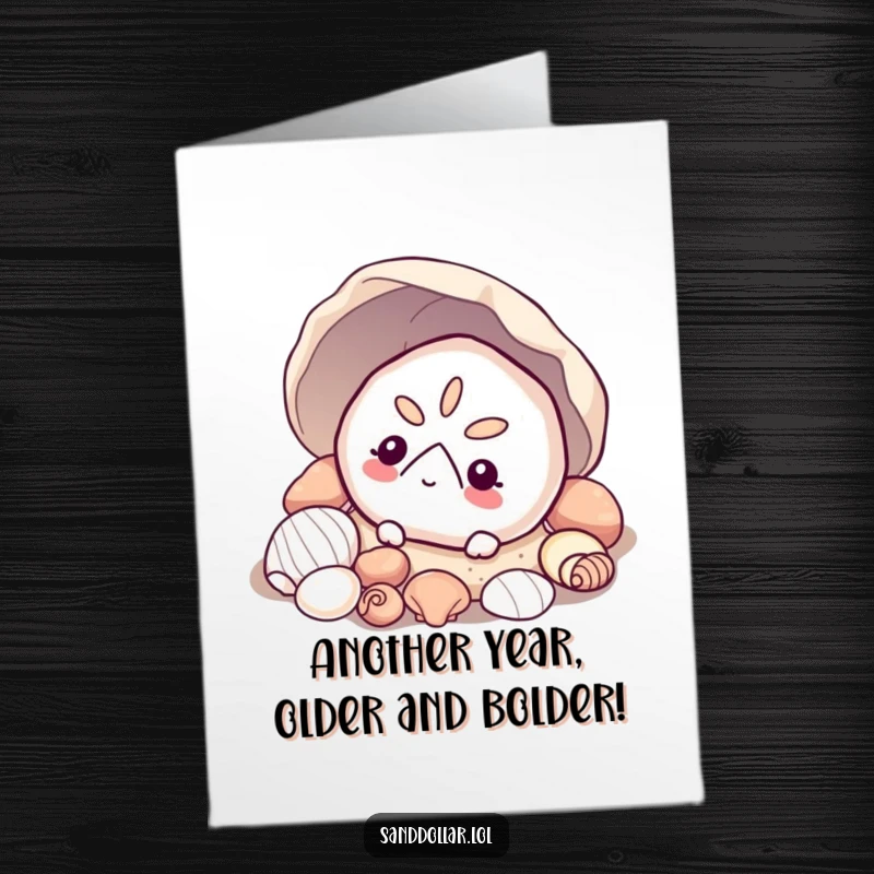 Funny Free Printable Birthday Card: A sand dollar curiously peeks from under shells, a charming downloadable gift for a birthday surprise.