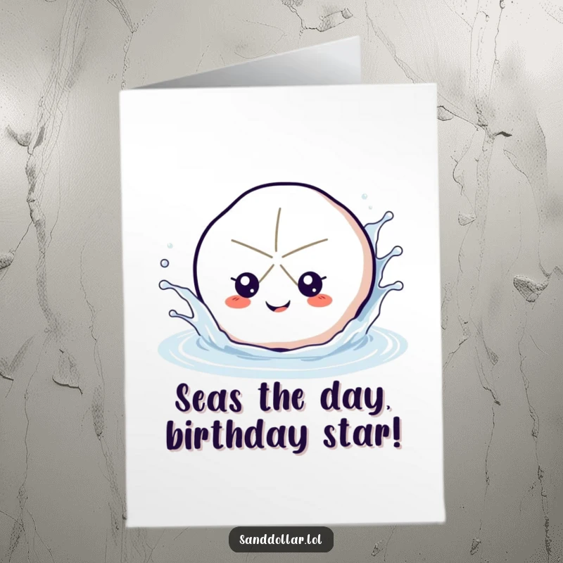 Funny Free Printable Birthday Card: Happy sand dollar splashing water with eyes wide, a perfect humorous downloadable gift card.