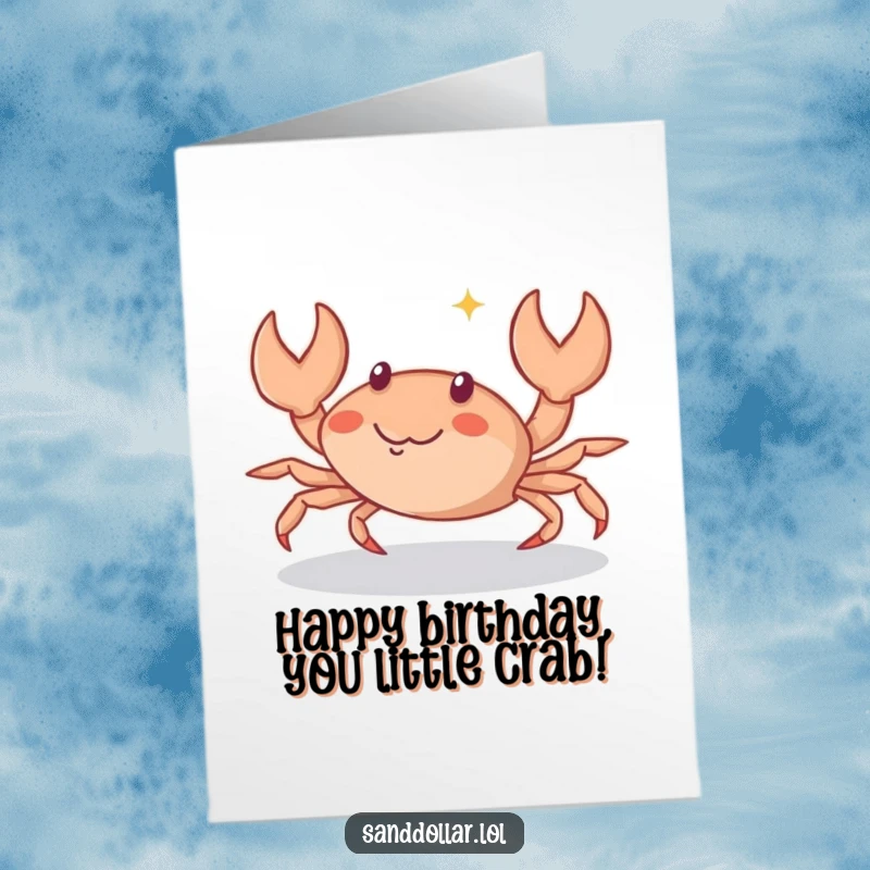 Funny Free Printable Birthday Card featuring a small crab scuttling sideways with a playful sparkle, ready to party.